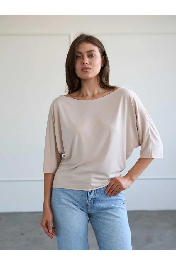 050747 Yarasa Kollu Kayık Yaka T-shirt