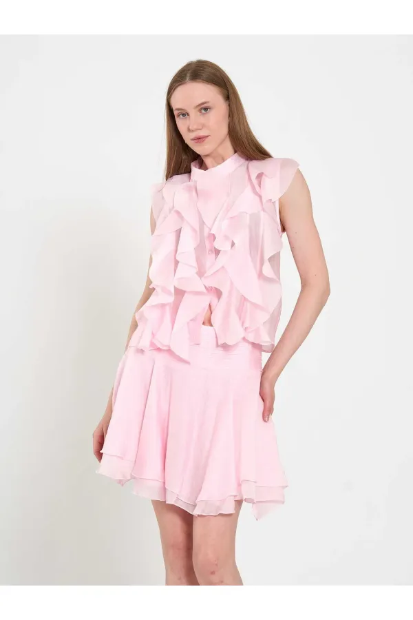 080774 Sleeveless Shirt with Ruffle Detail at Front