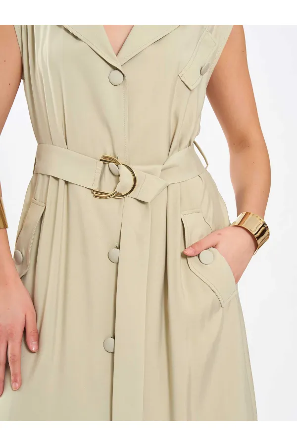 111702 Kolsuz Kendinden Kuşaklı Uzun Elbise