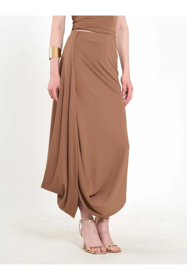 041197 Elastic Waist Asymmetrical Midi Skirt