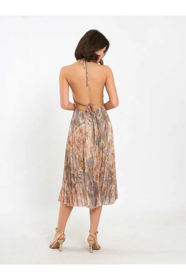 111708 Midi Length Backless Pleated Dress