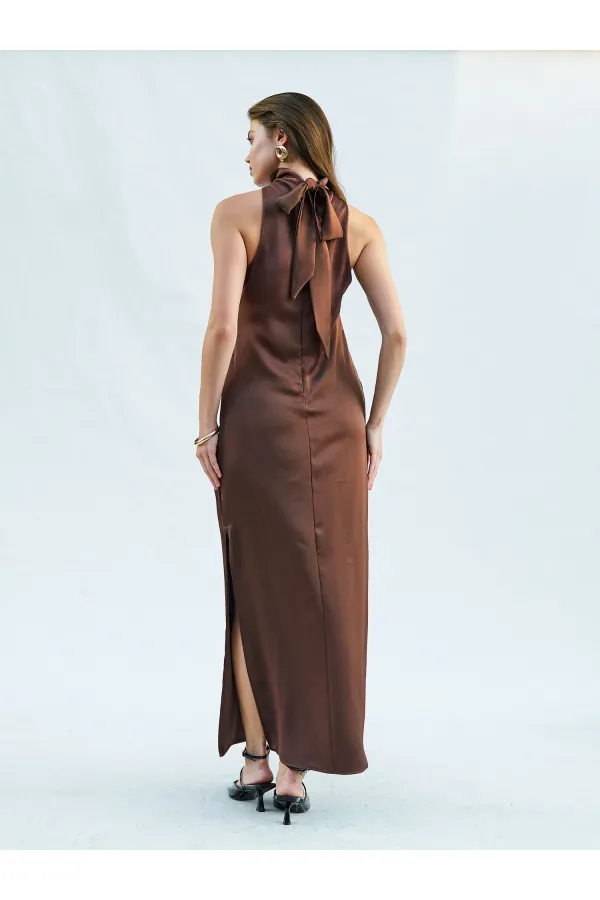 111631 Buckled Slit Long Satin Dress