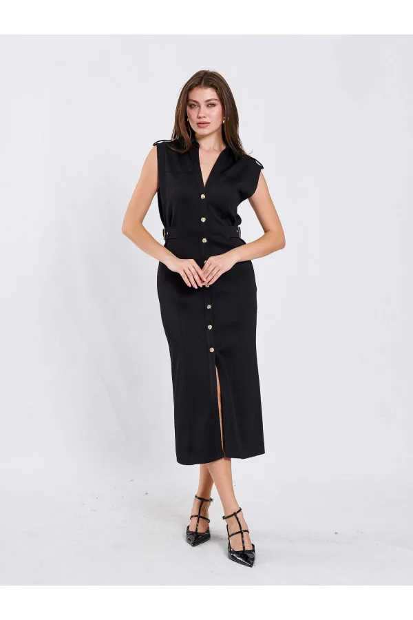 111636 Omzu Apoletli Örme Elbise