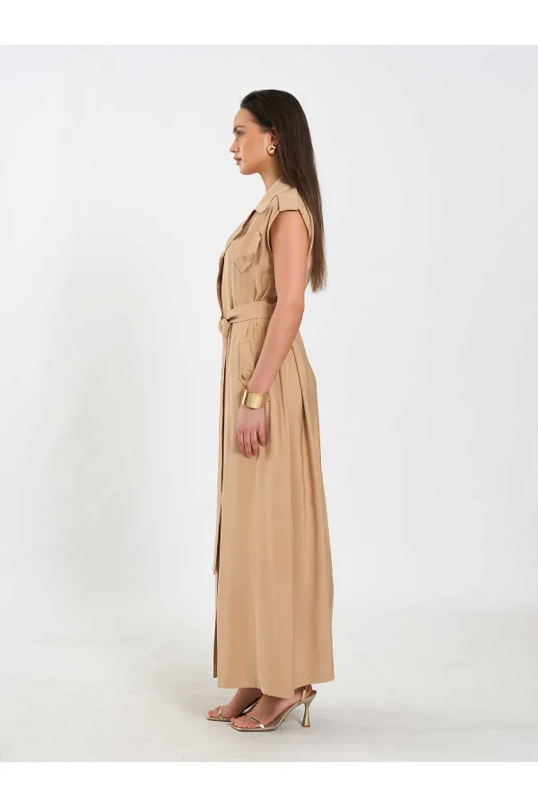 111702 Kolsuz Kendinden Kuşaklı Uzun Elbise