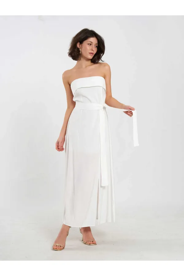 111706 Straplez Yırtmaçlı Elbise