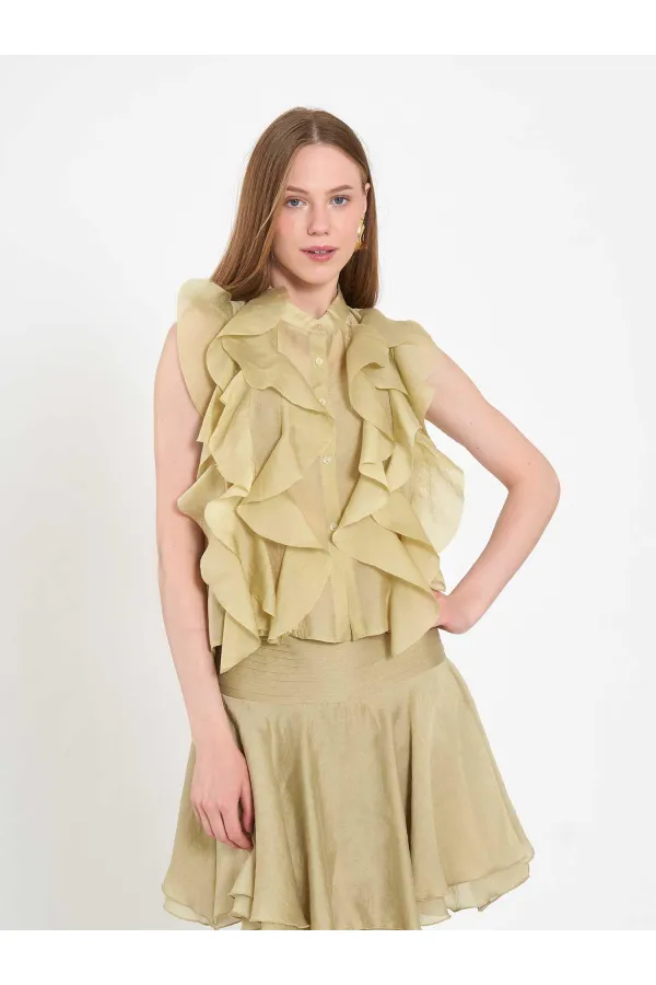 080774 Sleeveless Shirt with Ruffle Detail at Front
