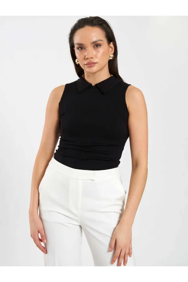 071894 Önü Fermuarlı Örme Kolsuz Body