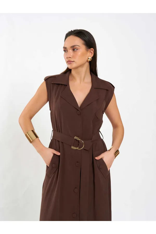 111702 Kolsuz Kendinden Kuşaklı Uzun Elbise