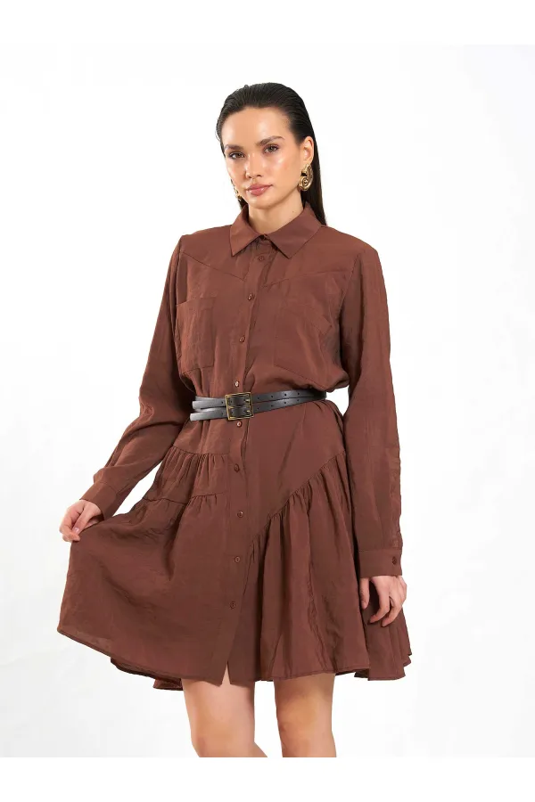 111703 Belted Ruffled Asymmetrical Dress