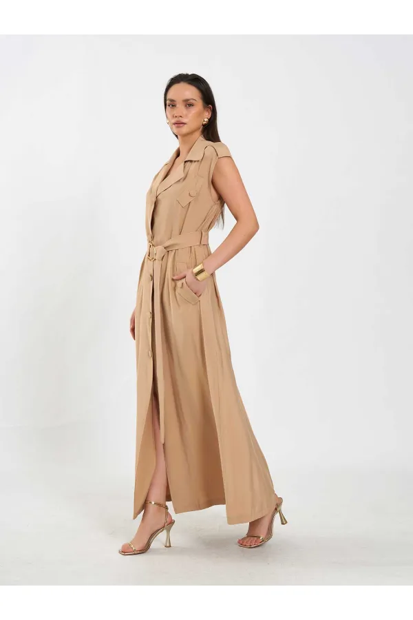 111702 Kolsuz Kendinden Kuşaklı Uzun Elbise