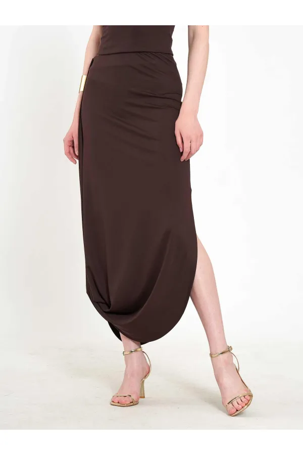 041197 Elastic Waist Asymmetrical Midi Skirt