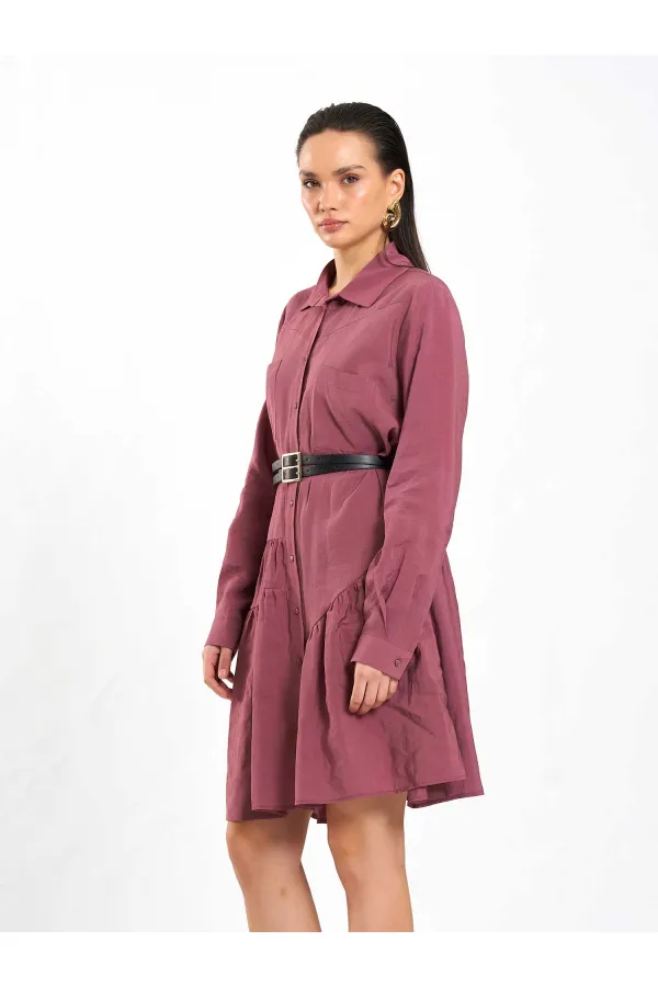 111703 Belted Ruffled Asymmetrical Dress