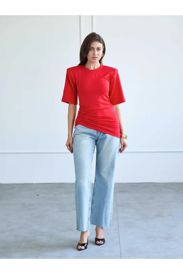 050748 Vatkalı Büzgülü T-shirt