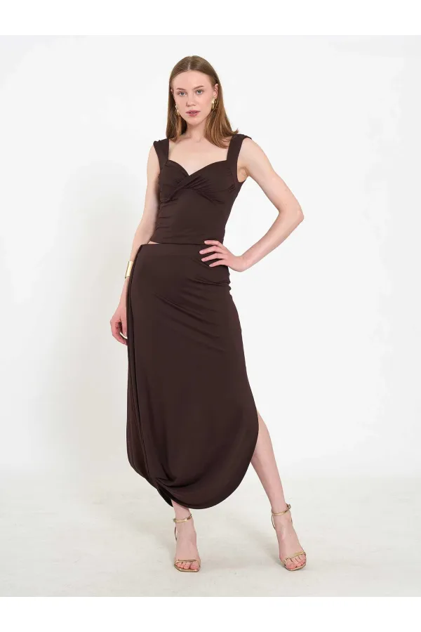 041197 Elastic Waist Asymmetrical Midi Skirt