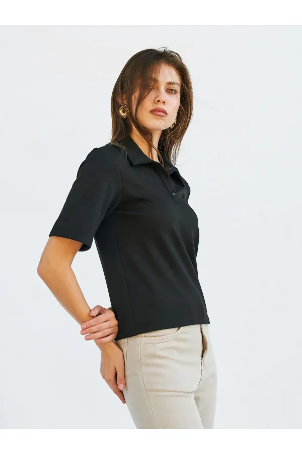 071824 Vatkalı Polo Yaka Bluz