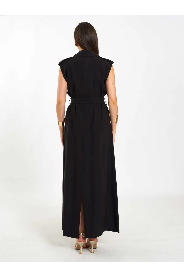 111702 Kolsuz Kendinden Kuşaklı Uzun Elbise