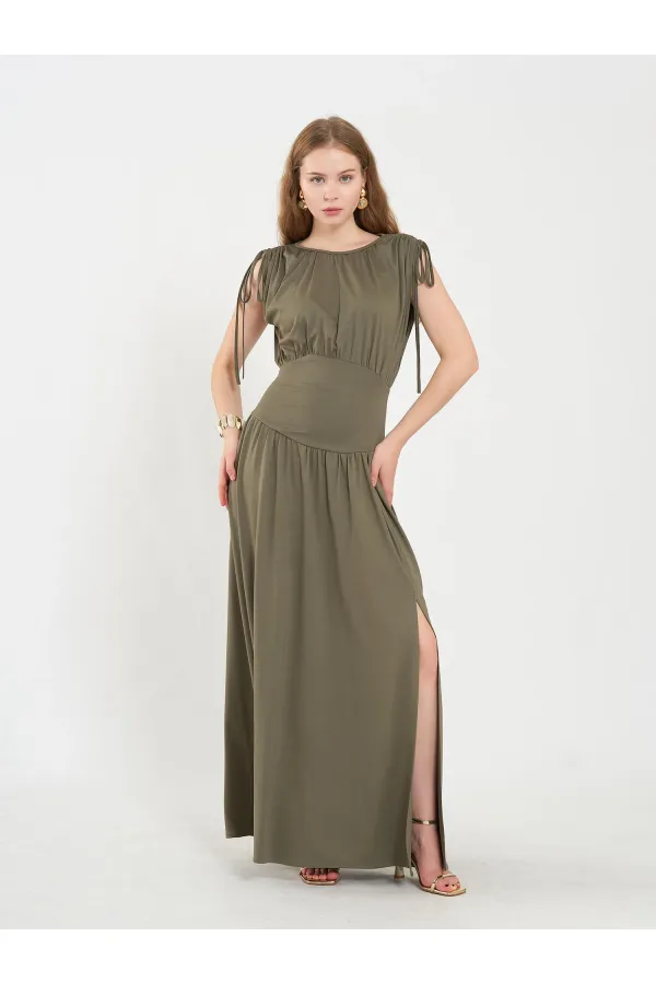 111691 Beli Korsajlı Uzun Elbise