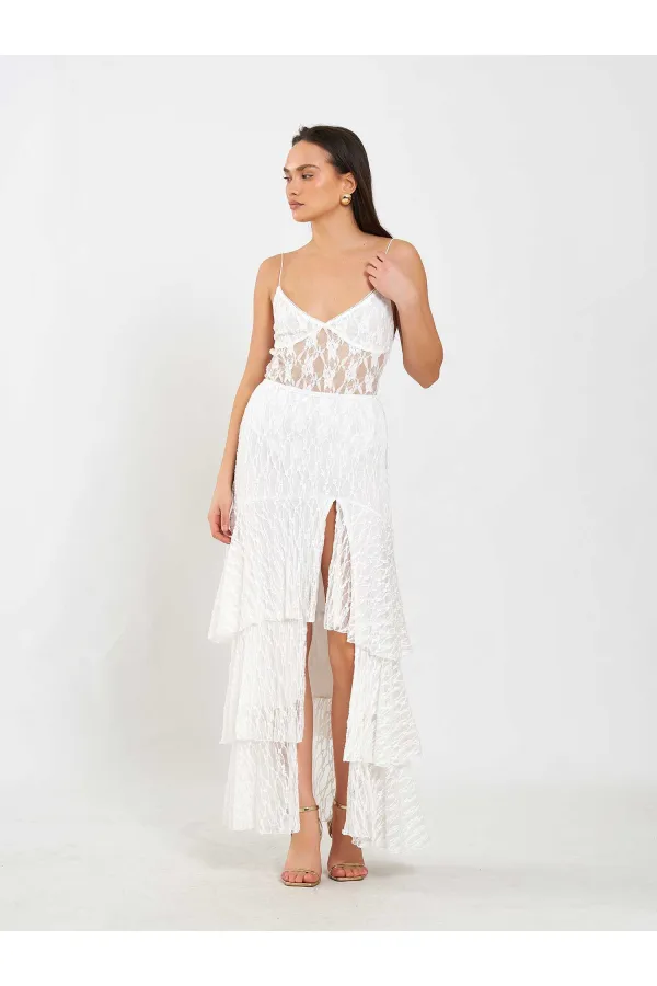 041177 Katlı Yırtmaçlı Dantel Etek