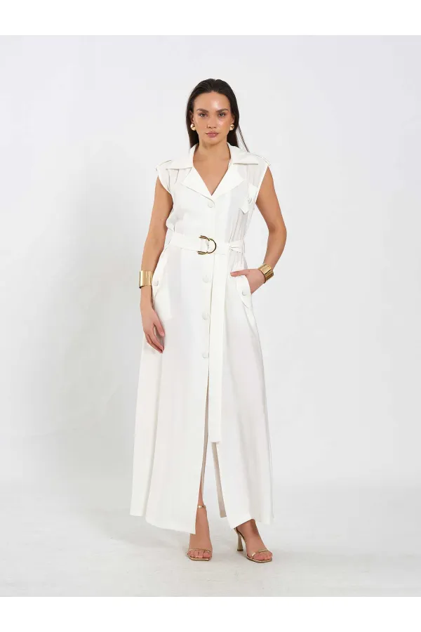 111702 Sleeveless Long Dress with Self-Belt