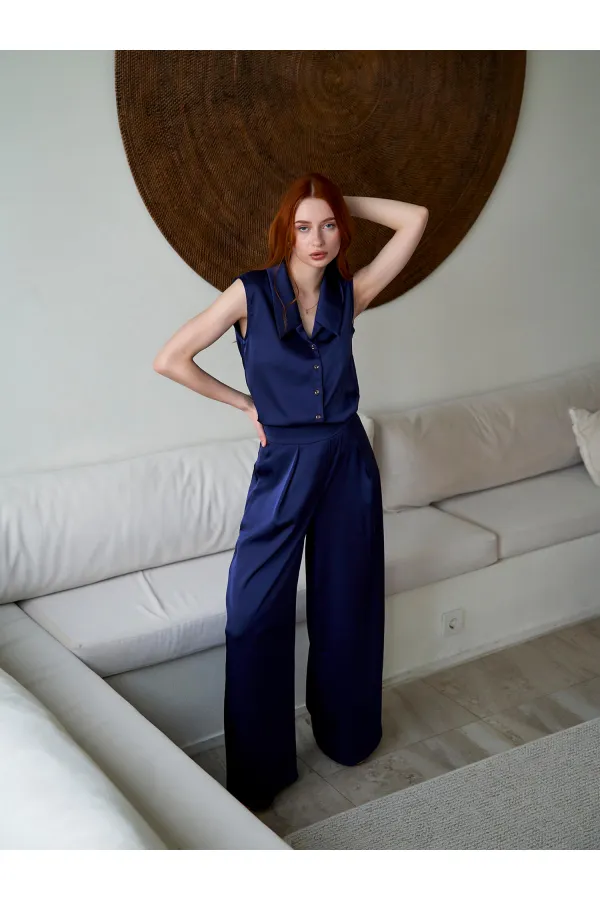 031649 Wide Pleated Satin Trousers