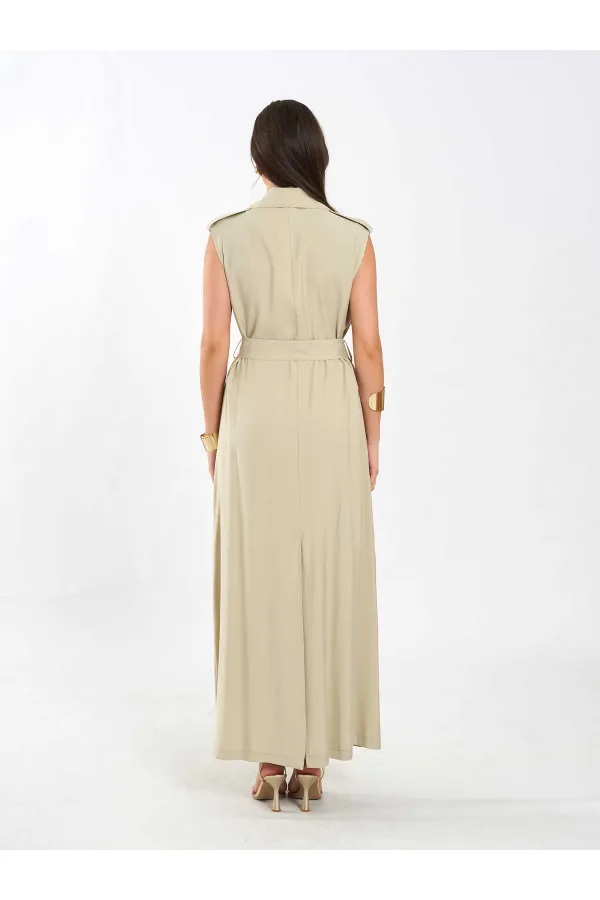 111702 Kolsuz Kendinden Kuşaklı Uzun Elbise