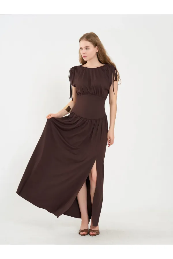 111691 Beli Korsajlı Uzun Elbise