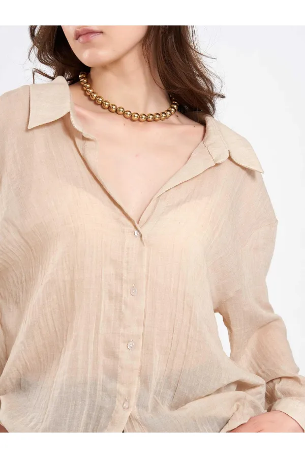 080824 Açık Yaka Oversize Pamuk Gömlek