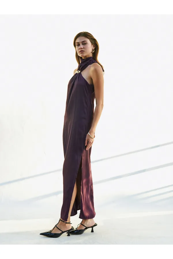 111631 Buckled Slit Long Satin Dress