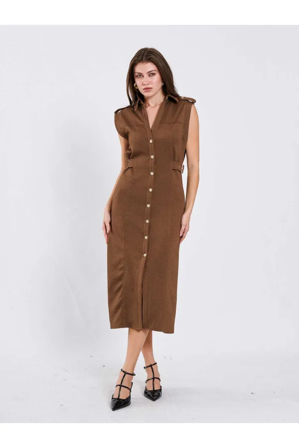 111636 Omzu Apoletli Örme Elbise