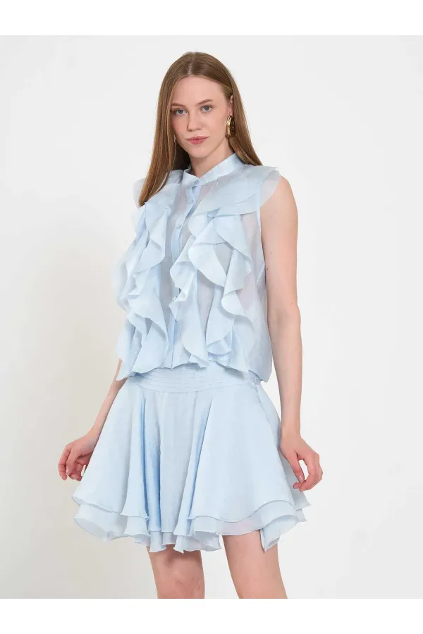 080774 Sleeveless Shirt with Ruffle Detail at Front