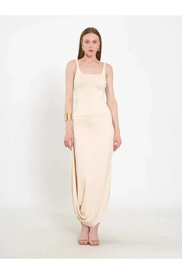 041197 Elastic Waist Asymmetrical Midi Skirt