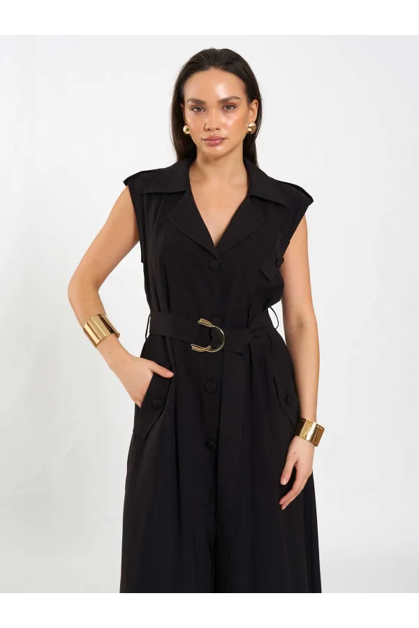 111702 Kolsuz Kendinden Kuşaklı Uzun Elbise