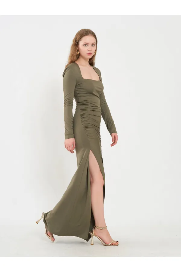111694 Uzun Kollu Yırtmaçlı Elbise