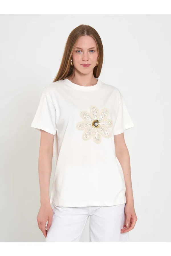 050740 T145 Crew Neck Knitted Floral Print T-Shirt