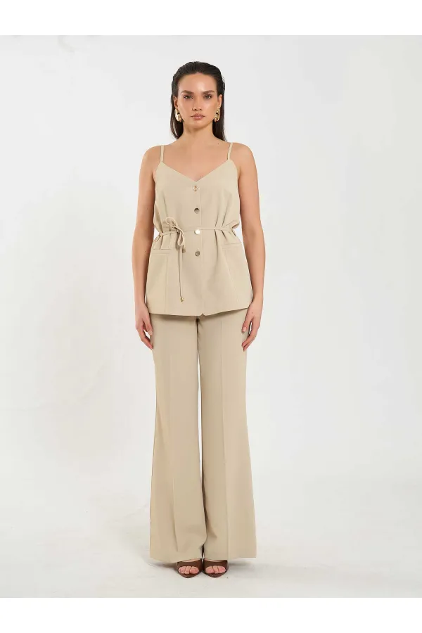 Gilet à col en V et ceinture à nouer à la taille 120743