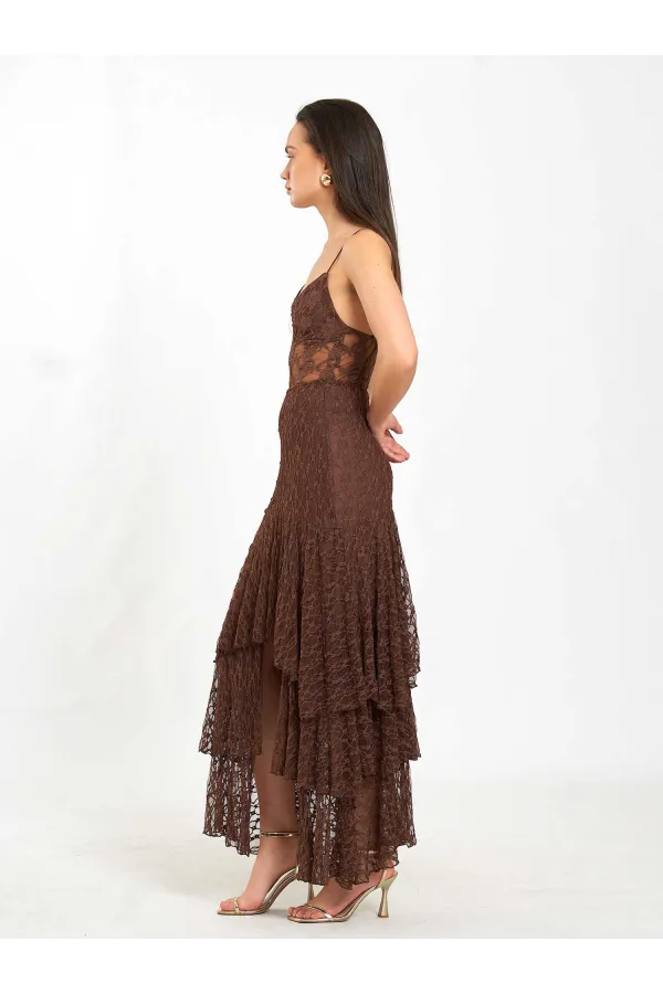 041177 Katlı Yırtmaçlı Dantel Etek