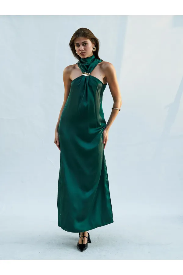 111631 Buckled Slit Long Satin Dress