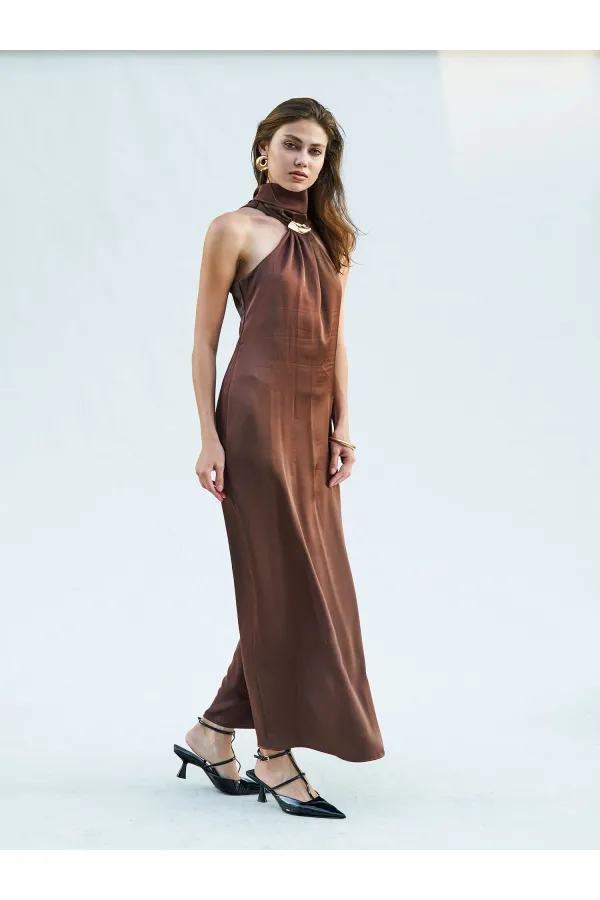 111631 Buckled Slit Long Satin Dress