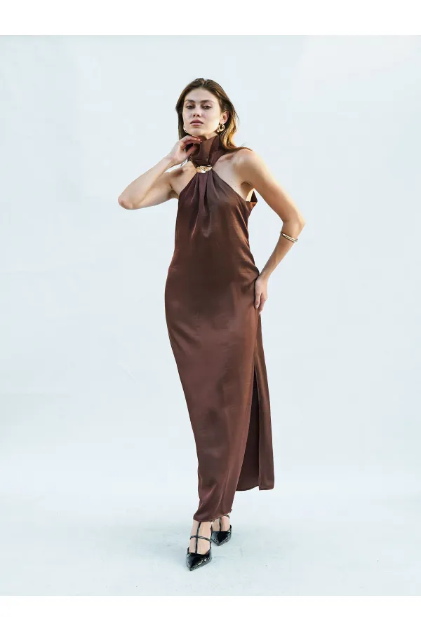 111631 Buckled Slit Long Satin Dress