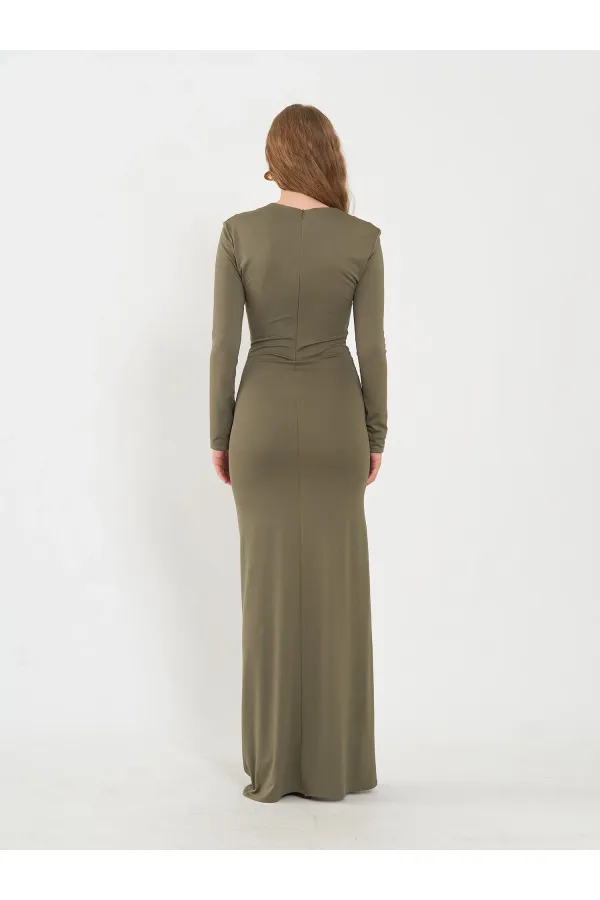 111694 Uzun Kollu Yırtmaçlı Elbise