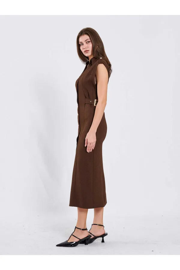 111636 Omzu Apoletli Örme Elbise