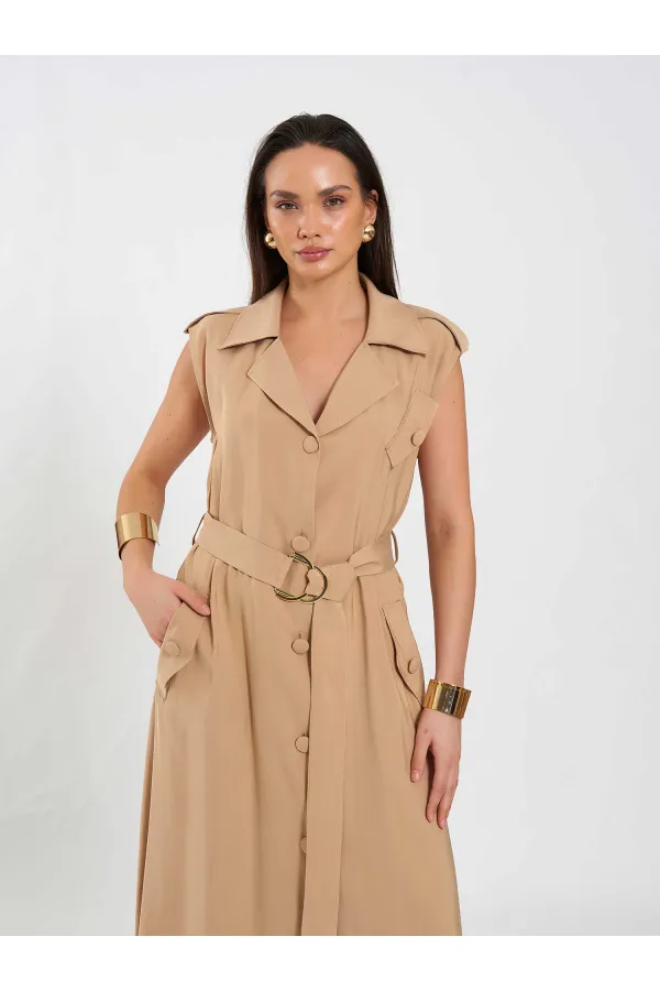 111702 Kolsuz Kendinden Kuşaklı Uzun Elbise