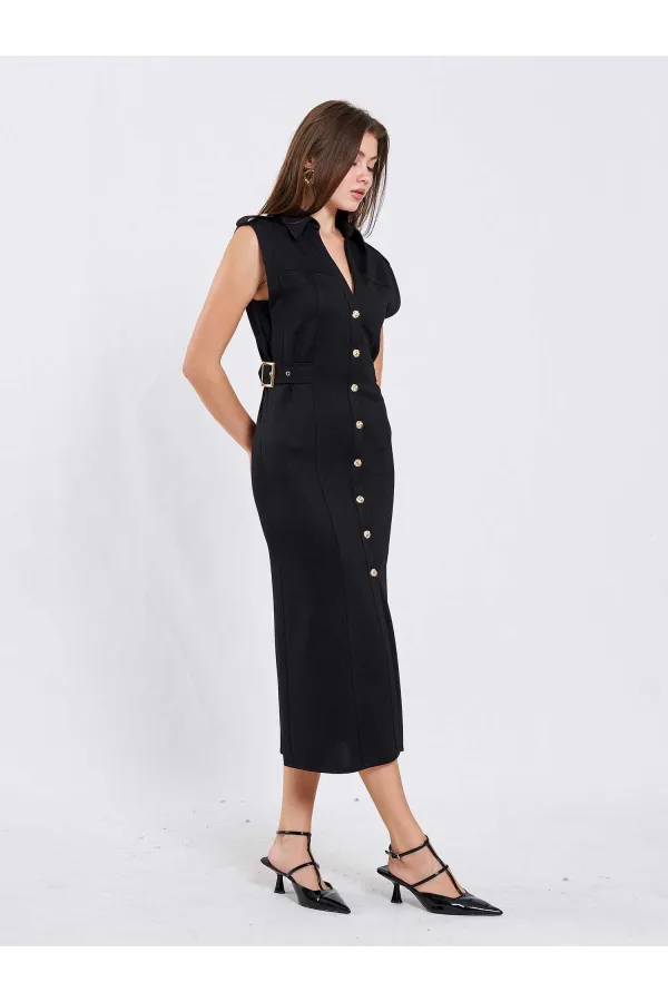 111636 Omzu Apoletli Örme Elbise