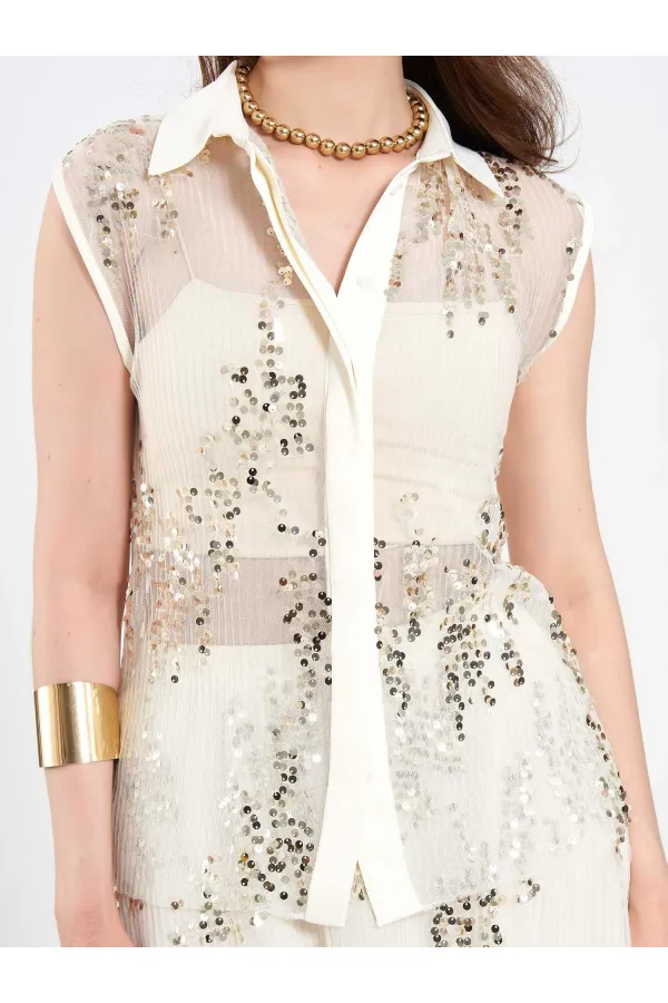 Chemise sans manches à sequins et ornements 080821