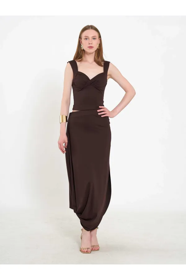 041197 Elastic Waist Asymmetrical Midi Skirt