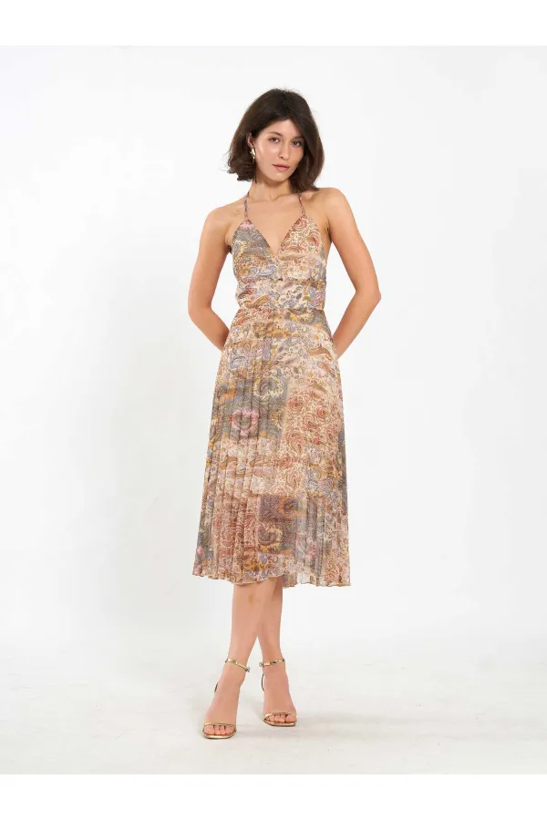 111708 Midi Length Backless Pleated Dress