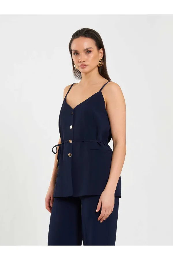 Gilet à col en V et ceinture à nouer à la taille 120743