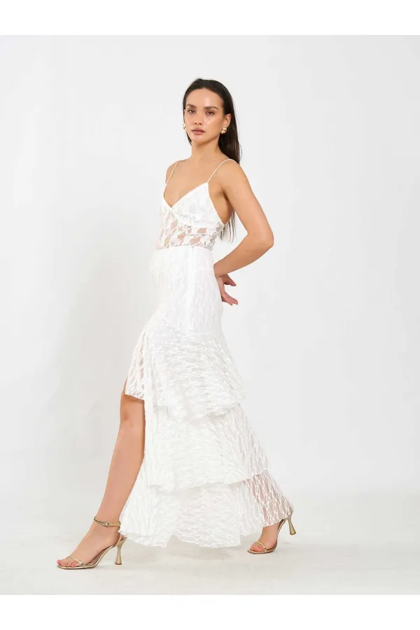 041177 Katlı Yırtmaçlı Dantel Etek