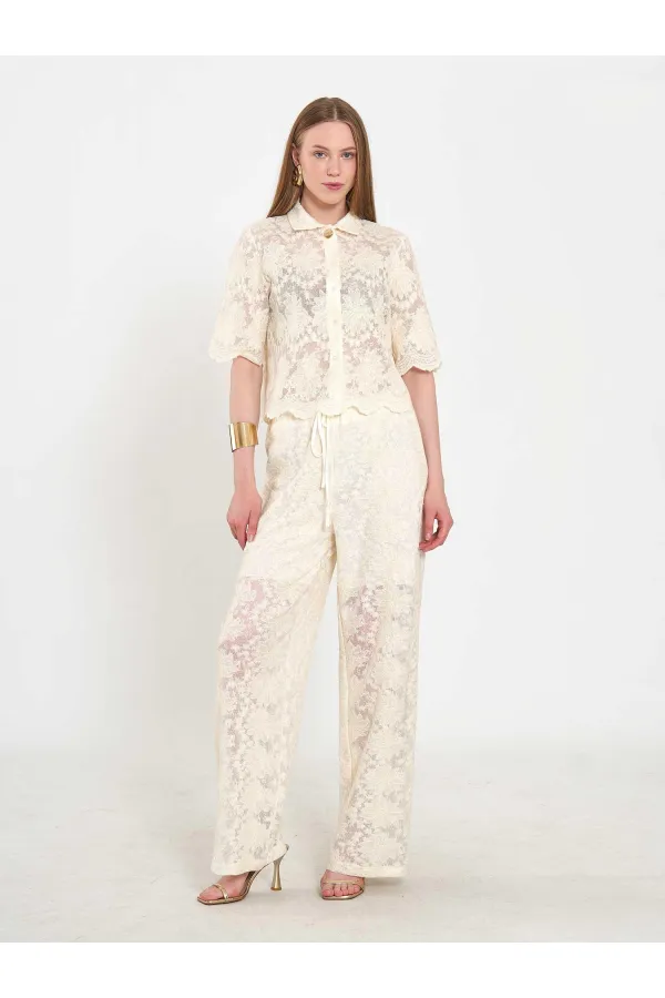 031669 Lace-Look Lined Trousers with Tie Waist