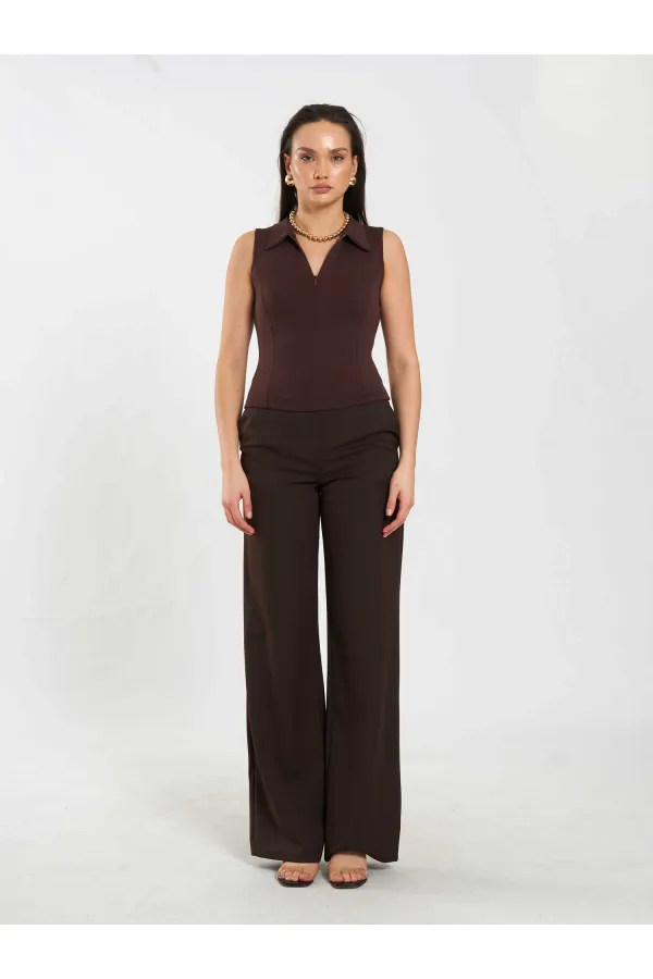 071894 Front Zipper Knitted Sleeveless Bodysuit